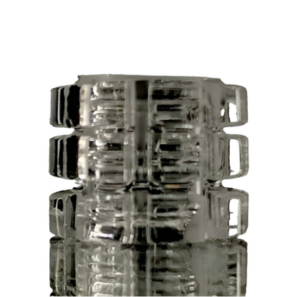 A clear quartz gear insert with multiple ridges, designed for use with a quartz banger to enhance heat retention.