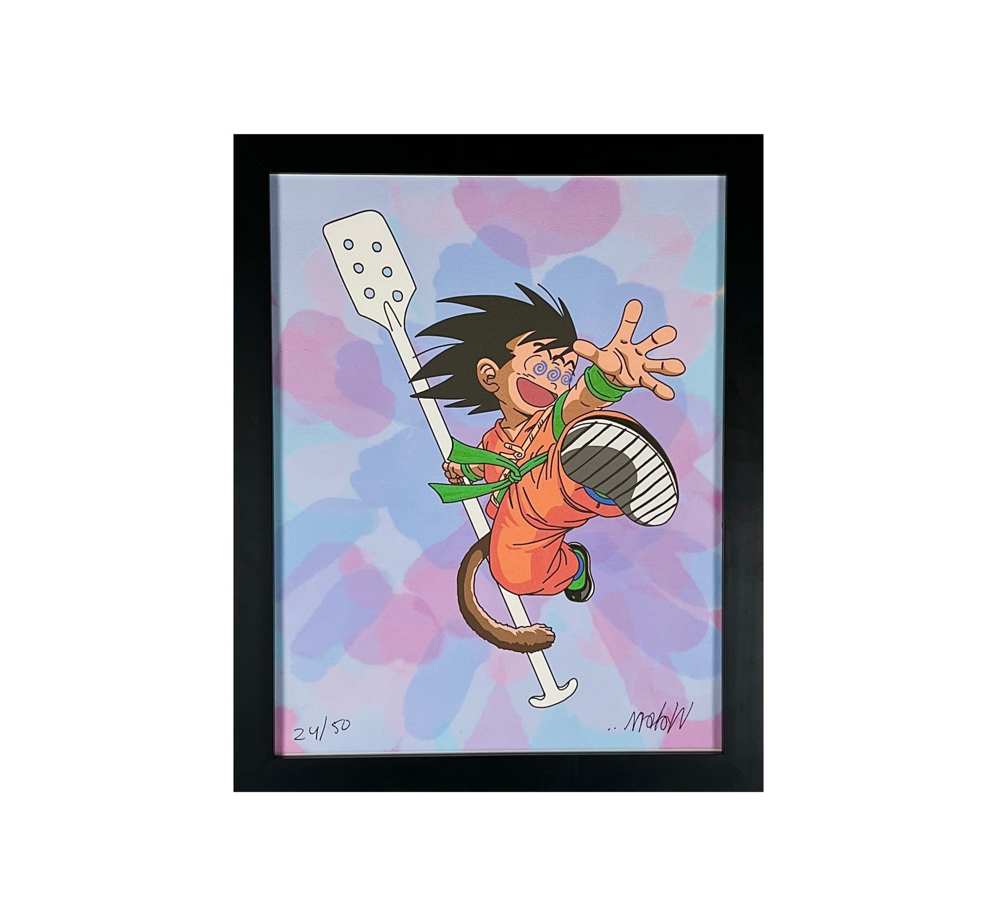 Framed artwork of a cartoon character with a colorful background.