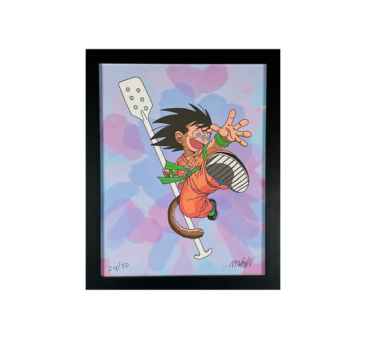 Framed artwork of a cartoon character with a colorful background.