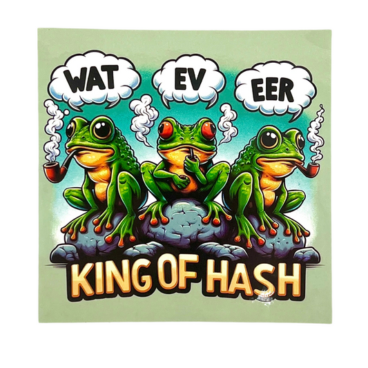 Three cartoon frogs with speech bubbles and text 'King of Hash' on a green background.