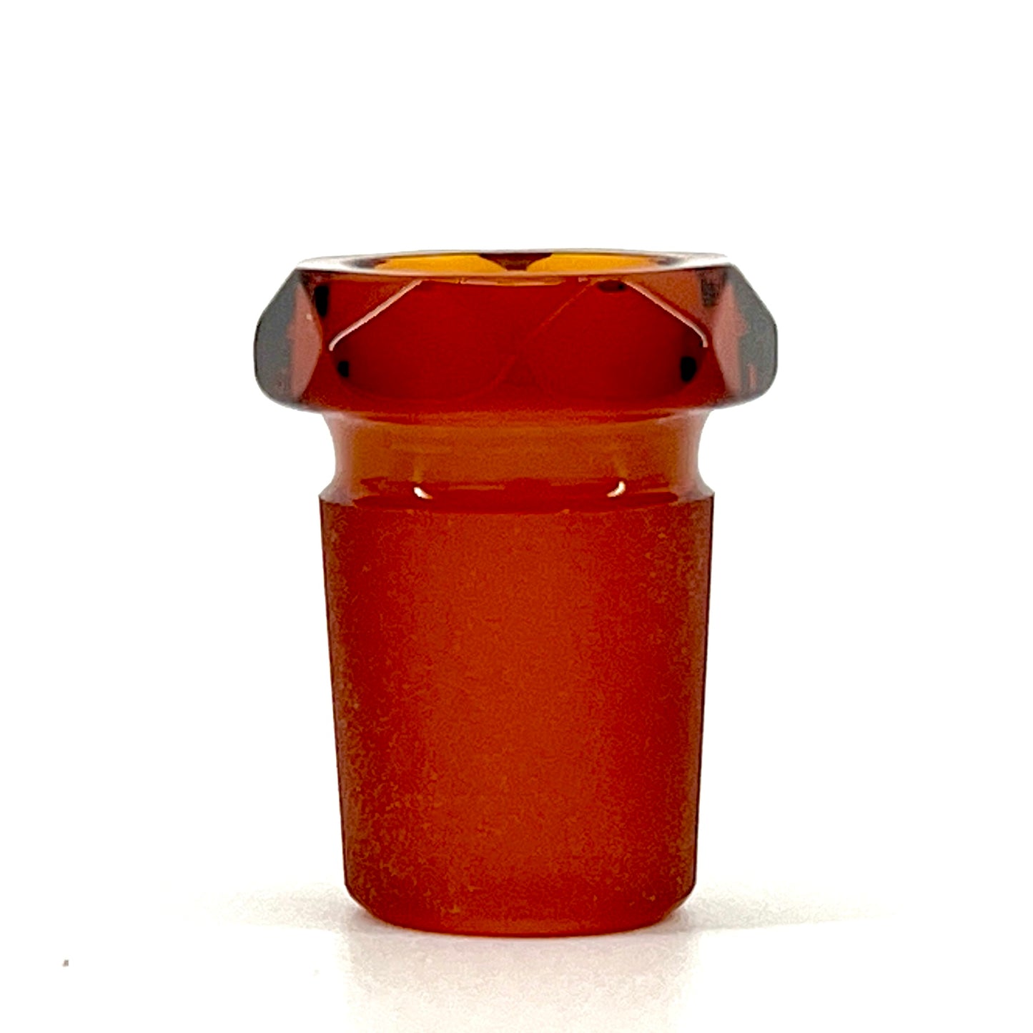A red, faceted glass reducer with a tapered design, featuring a smaller diameter at the top and a larger diameter at the bottom, against a white background.