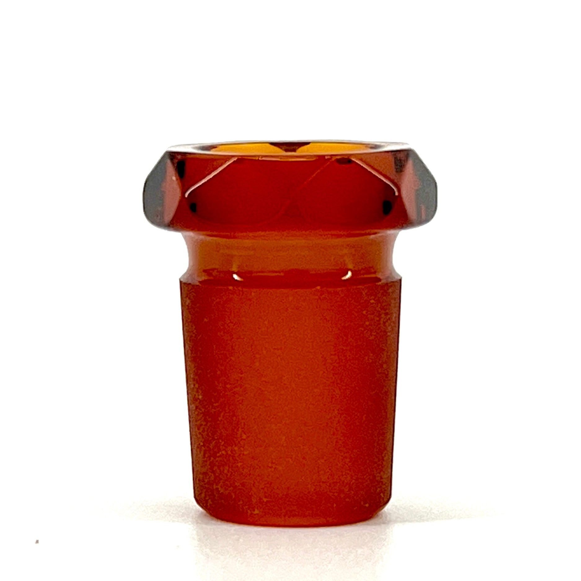 A red, faceted glass reducer with a tapered design, featuring a smaller diameter at the top and a larger diameter at the bottom, against a white background.