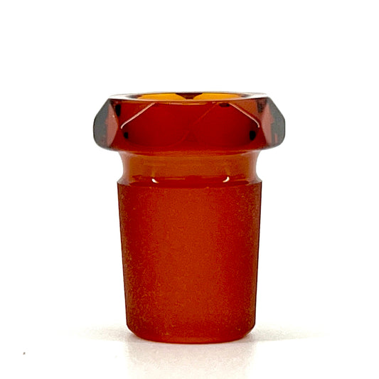 A red, faceted glass reducer with a tapered design, featuring a smaller diameter at the top and a larger diameter at the bottom, against a white background.