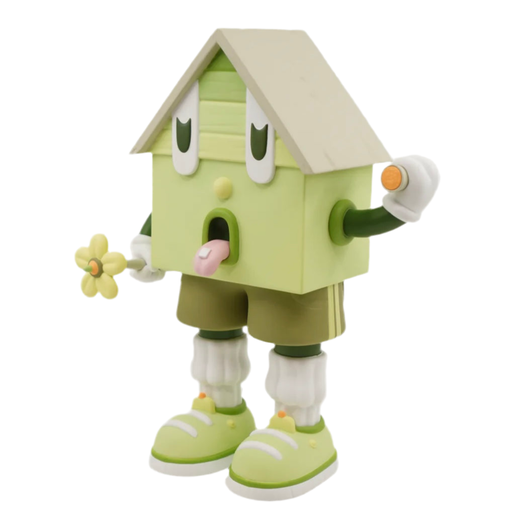 A toy figure of a character resembling a house with eyes, wearing green shorts, a green and white shirt, and green and white shoes, holding a yellow flower.