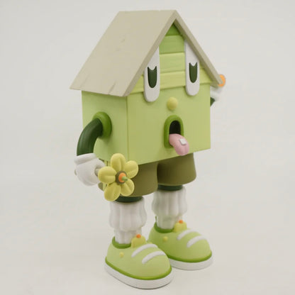 A toy figure of a character resembling a house with eyes, wearing green shorts, a green and white shirt, and green and white shoes, holding a yellow flower.