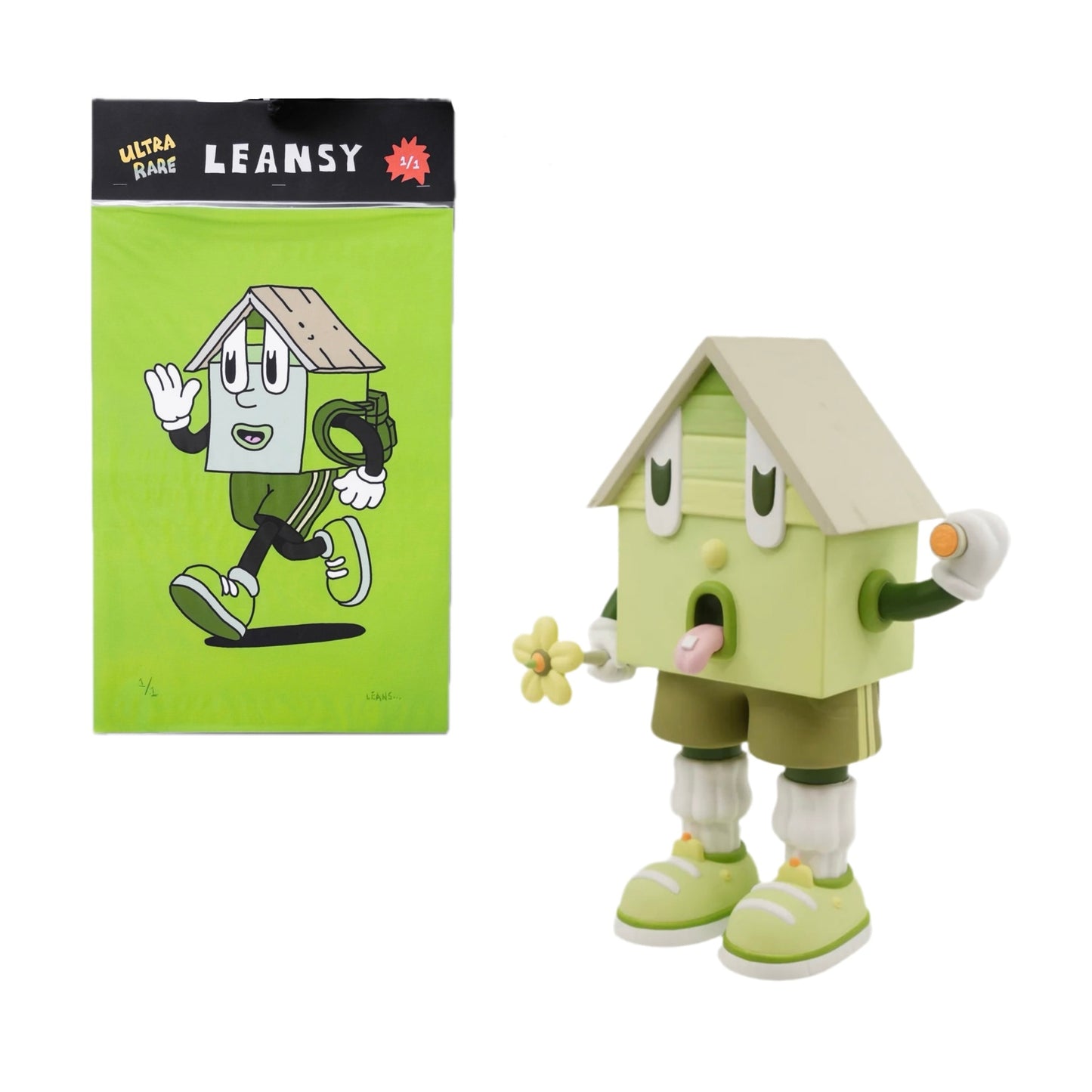 A multicolored sculpture of a character named 'Leansy', designed to look like a house with a face and a green color scheme. The product is shown both as a sculpture and as an original drawing.