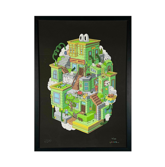 Framed illustration of a colorful, multi-level building with various elements on a black background.