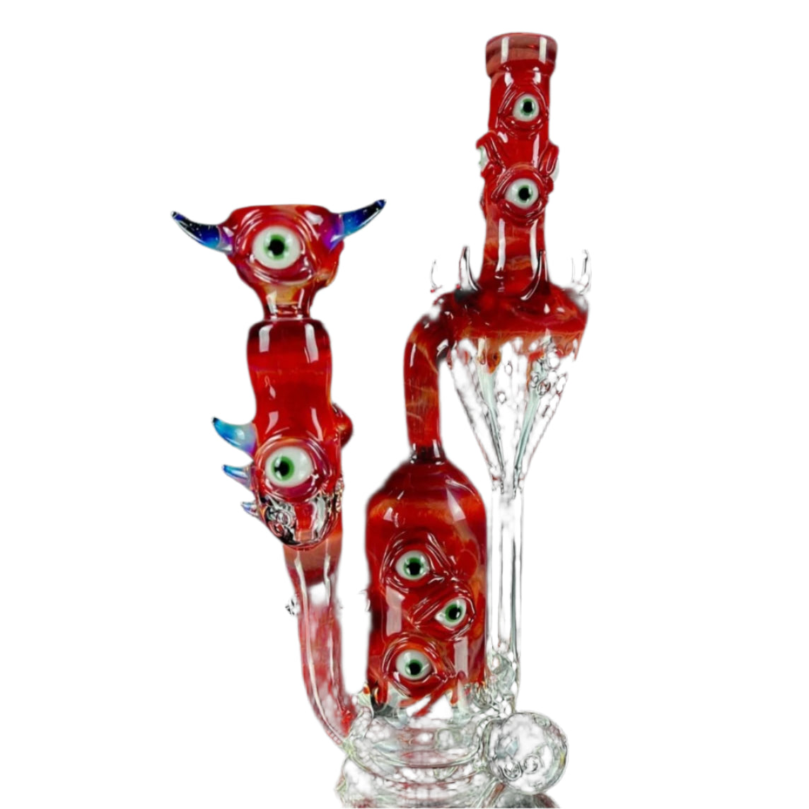 Glass smoking accessory with red and clear design on a white background