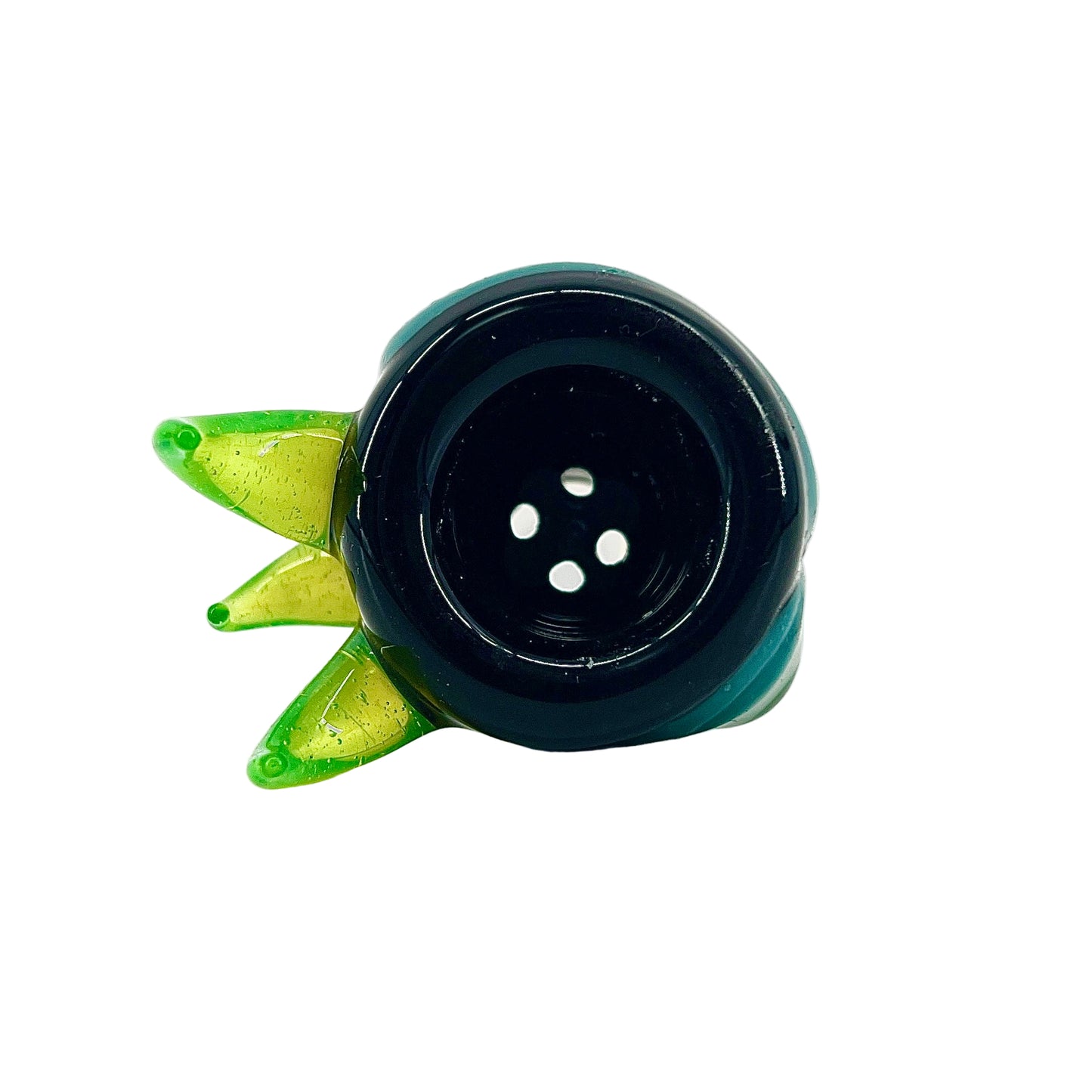 Black glass slide with green horn extensions on a white background.