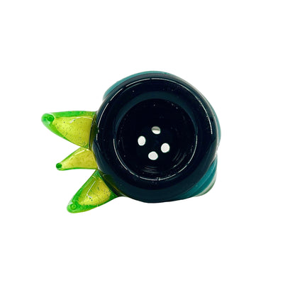 Black glass slide with green horn extensions on a white background.