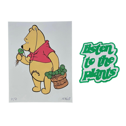 A printed artwork of Winnie the Pooh holding a plant with the text 'listen to the plants' beside it.