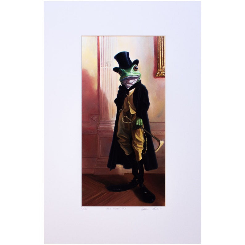 A whimsical portrait of a frog dressed in a tuxedo with a top hat, standing in a room with classic decor.