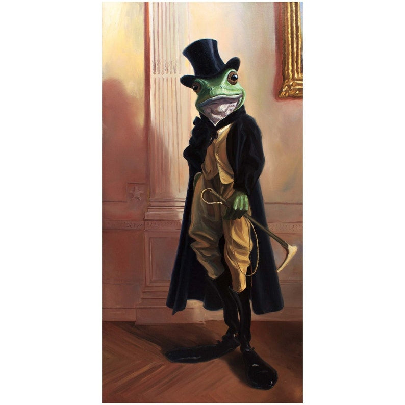 A whimsical portrait of a frog dressed in a tuxedo with a top hat, standing in a room with classic decor.