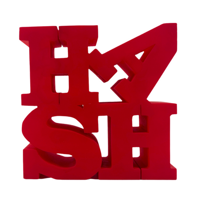 Red three-dimensional letters spelling 'HASH' on a white background.