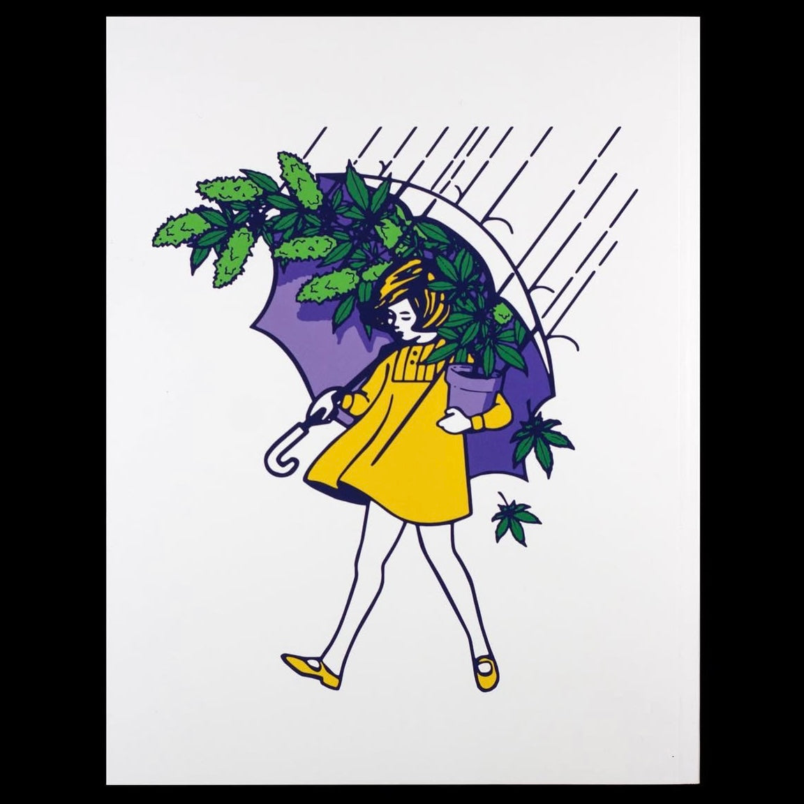 Illustration of a woman holding a purple umbrella with plants, wearing a yellow dress and hat.