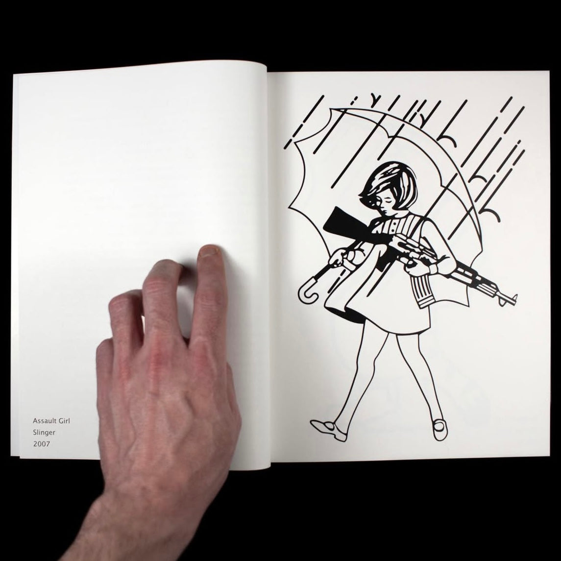 Open book with a black and white illustration of a woman holding a gun, being held open by a hand.