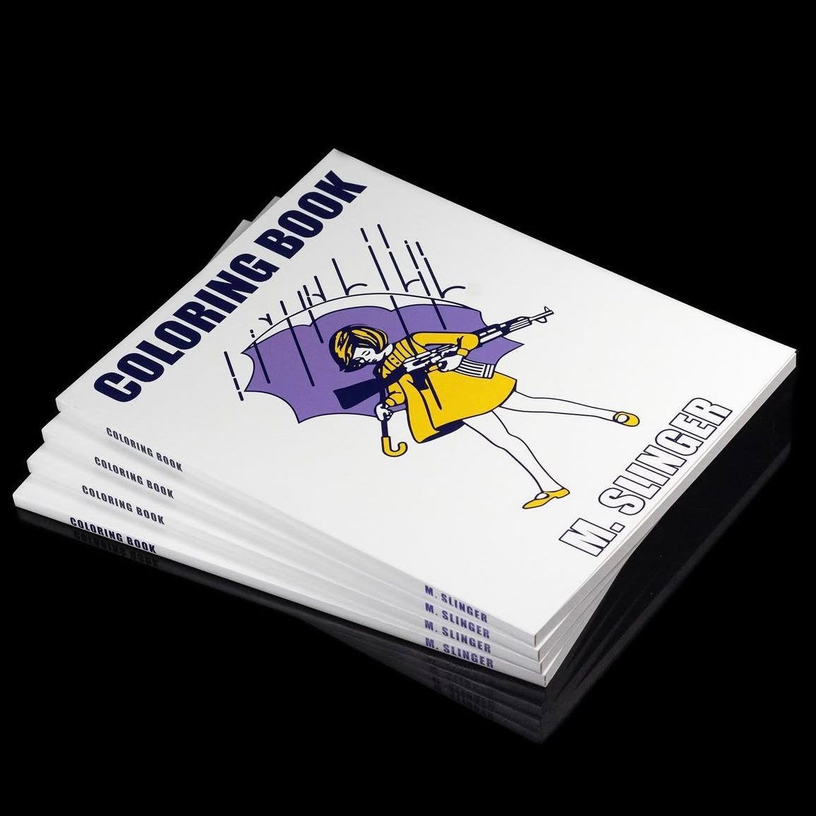 Stack of coloring books with a cover illustration of a person holding an umbrella.