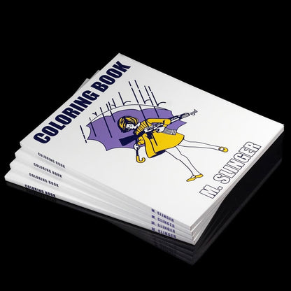 Stack of coloring books with a cover illustration of a person holding an umbrella.