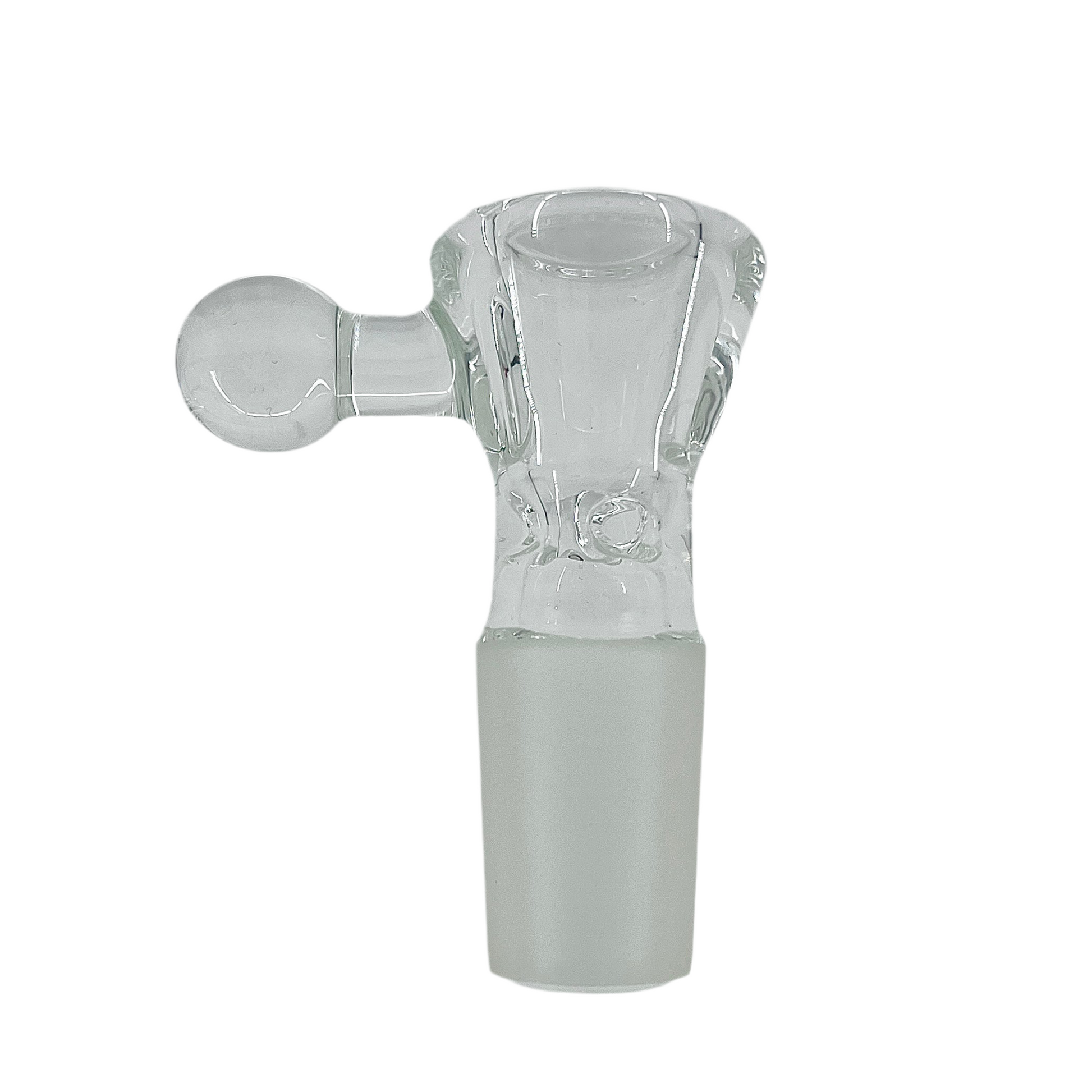 A clear glass slide with a 3-hole bowl, typically used as a smoking accessory.