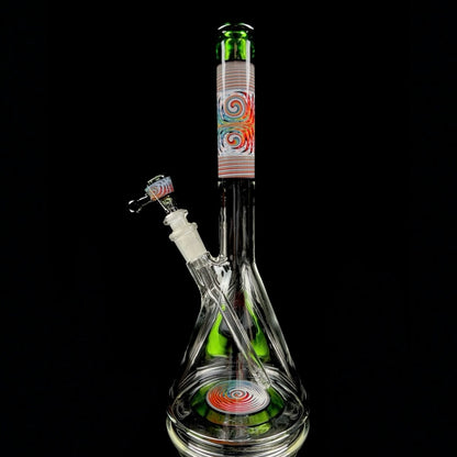 A colorful glass beaker with a removable down stem and a 3-hole slide. The neck and base of the beaker are accented with the color 'Crippy'.