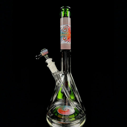 A colorful glass beaker with a removable down stem and a 3-hole slide. The neck and base of the beaker are accented with the color 'Crippy'.