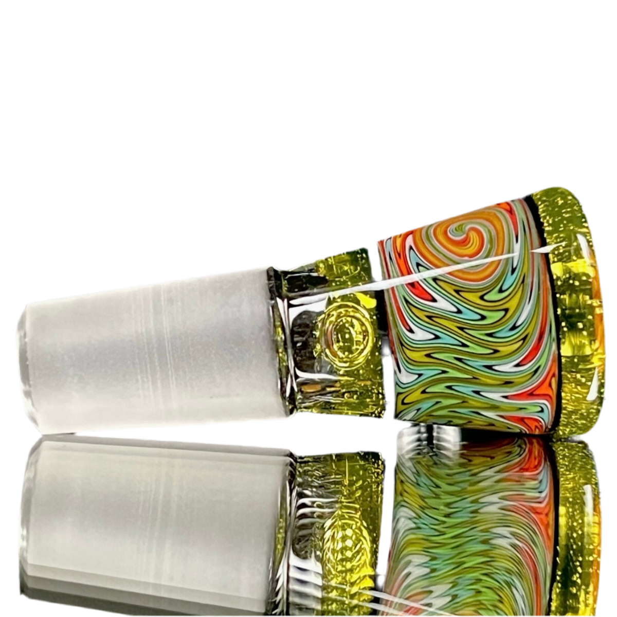 Glass slide with colorful bowl designs.