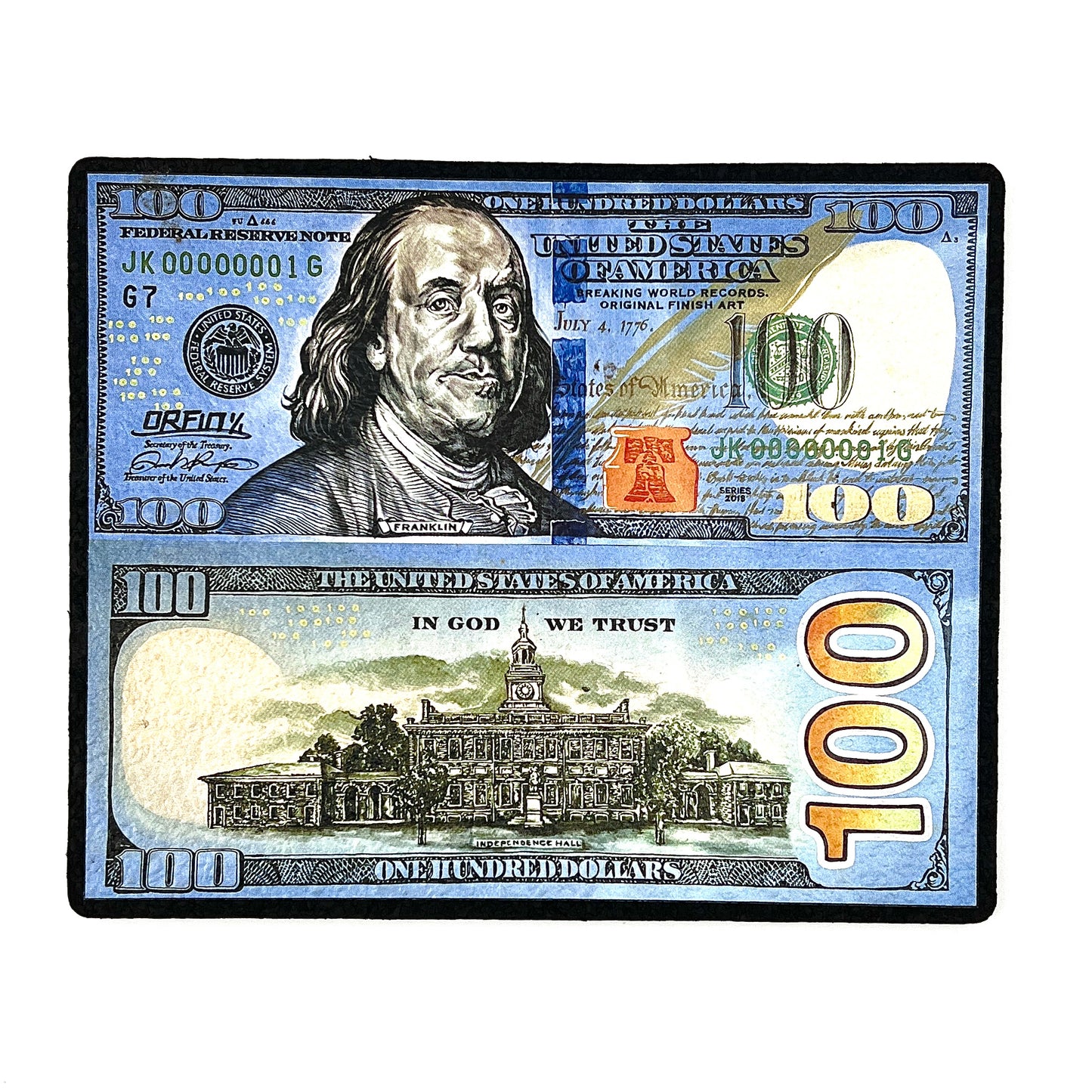 A rectangular 'Money Stack' moodmat with an image of a one-hundred-dollar bill design, featuring Ben Franklin and the White House, on a blue background.