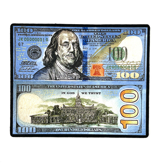 A rectangular 'Money Stack' moodmat with an image of a one-hundred-dollar bill design, featuring Ben Franklin and the White House, on a blue background.