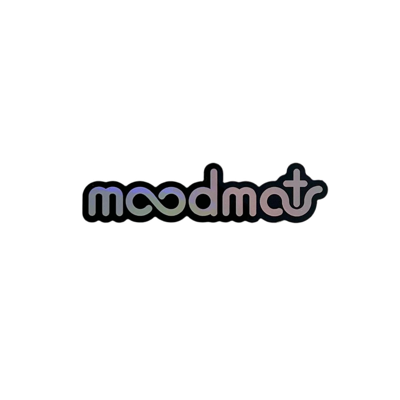 Holographic 'moodmat' sticker on a white background.