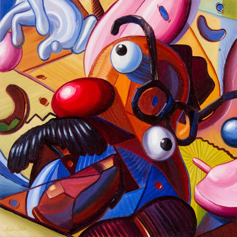 A colorful and playful artwork print featuring a whimsical character inspired by Picasso and Mr. Potato Head.