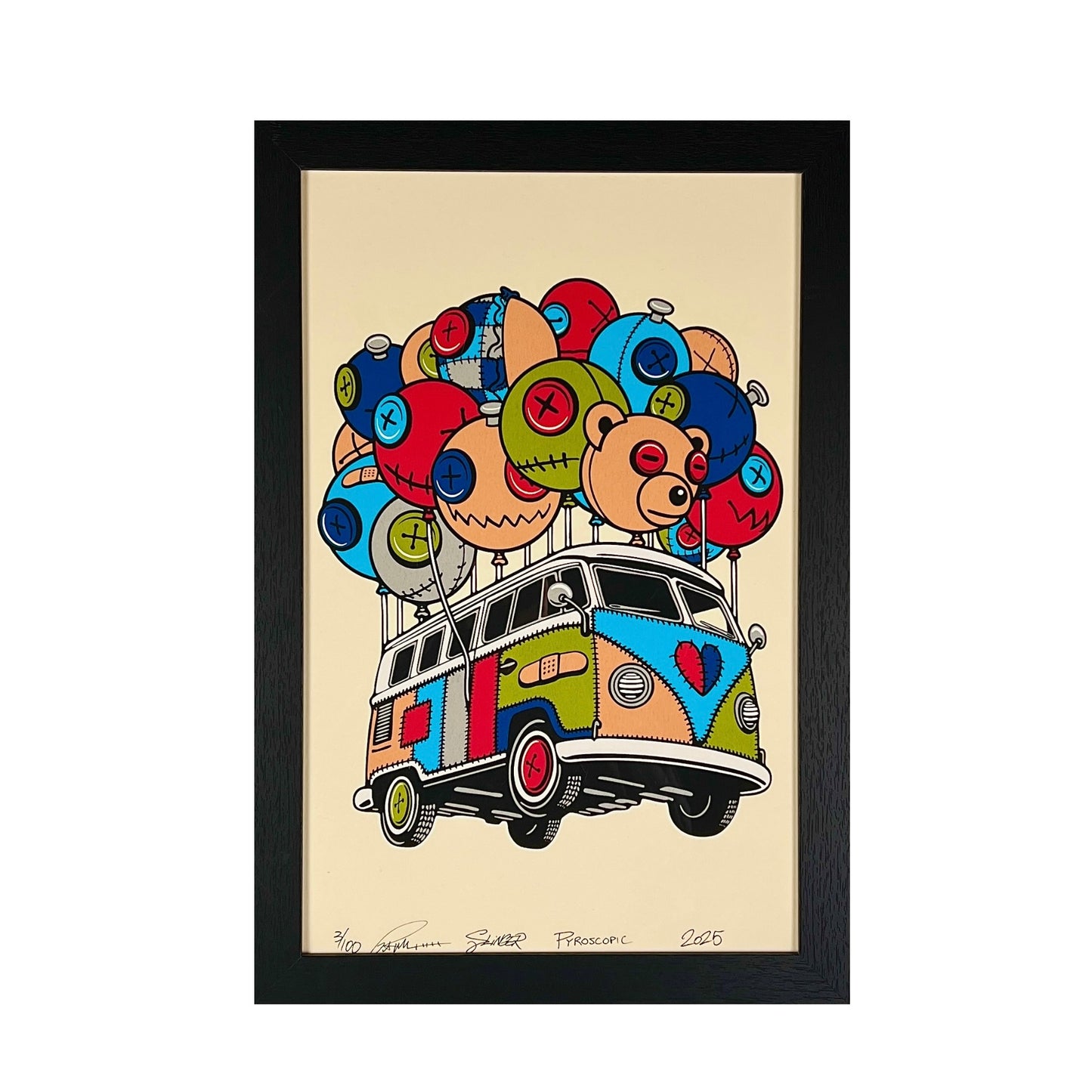 Framed artwork of a colorful van with teddy bear balloons on a beige background.