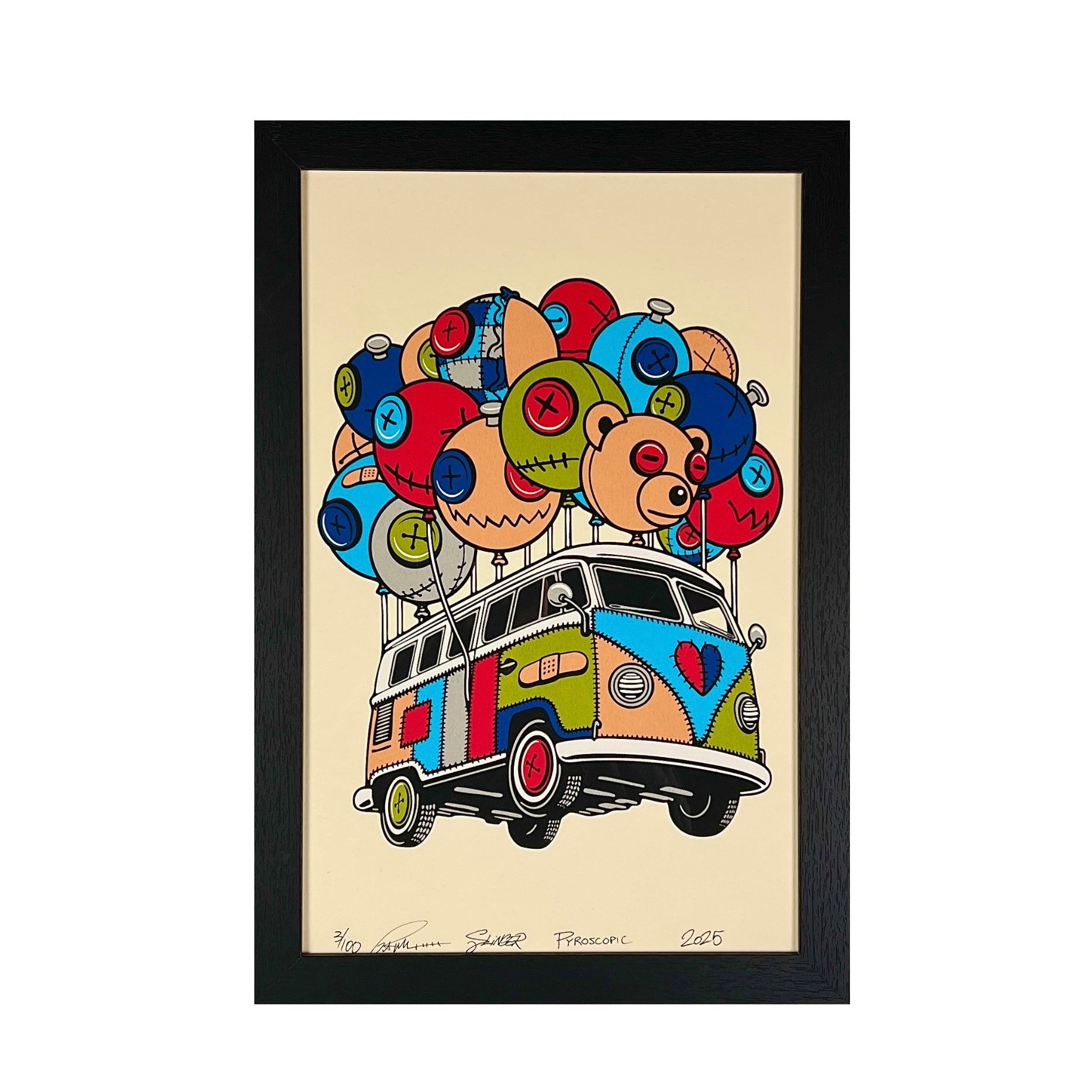 Framed artwork of a colorful van with teddy bear balloons on a beige background.