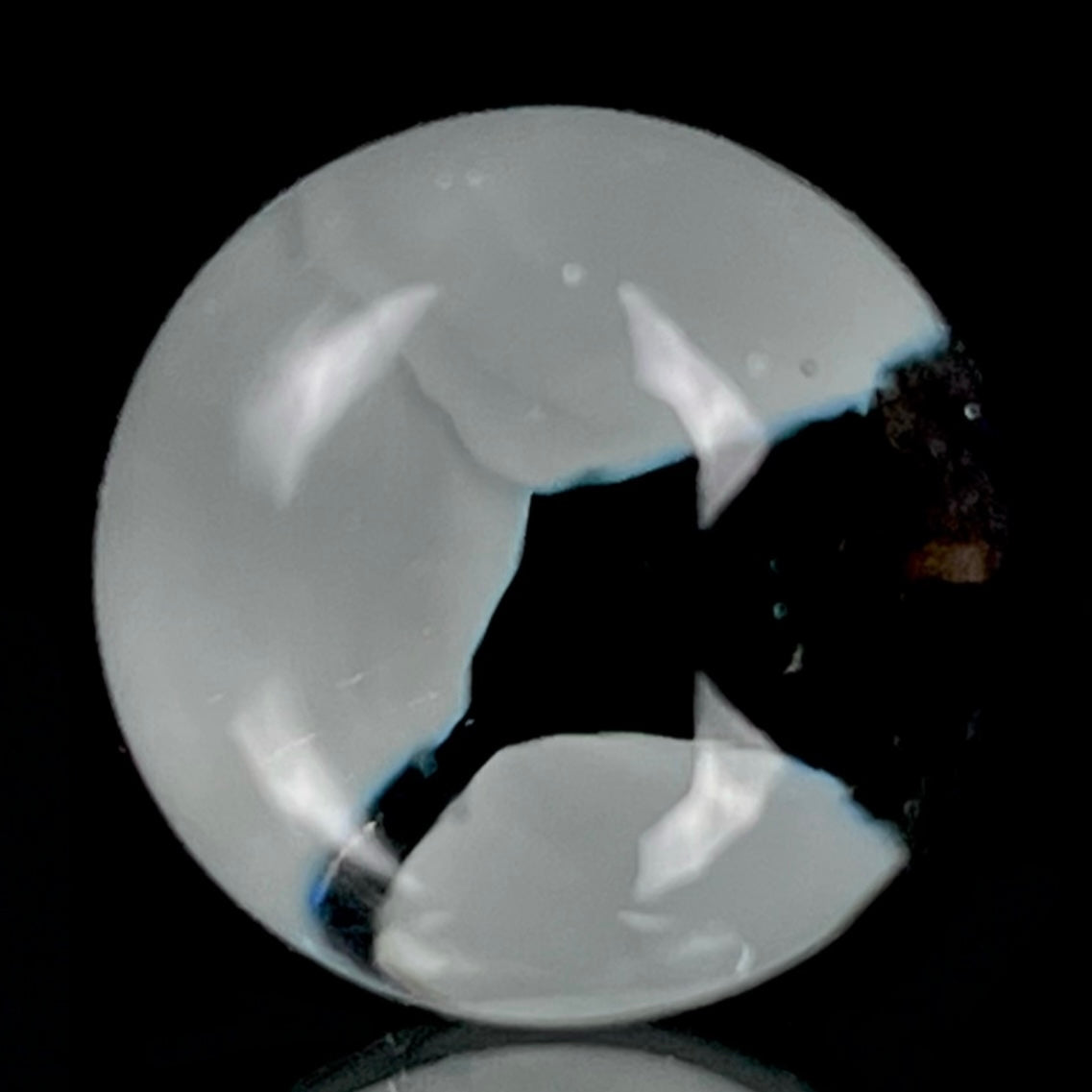 A multicolored glass marble with a design resembling a flower with blue petals on a white background, with a diameter approximately of 22mm.