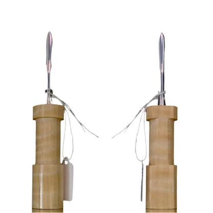 Two beige American maple bowl stirrers with metal hooks, displayed side by side.