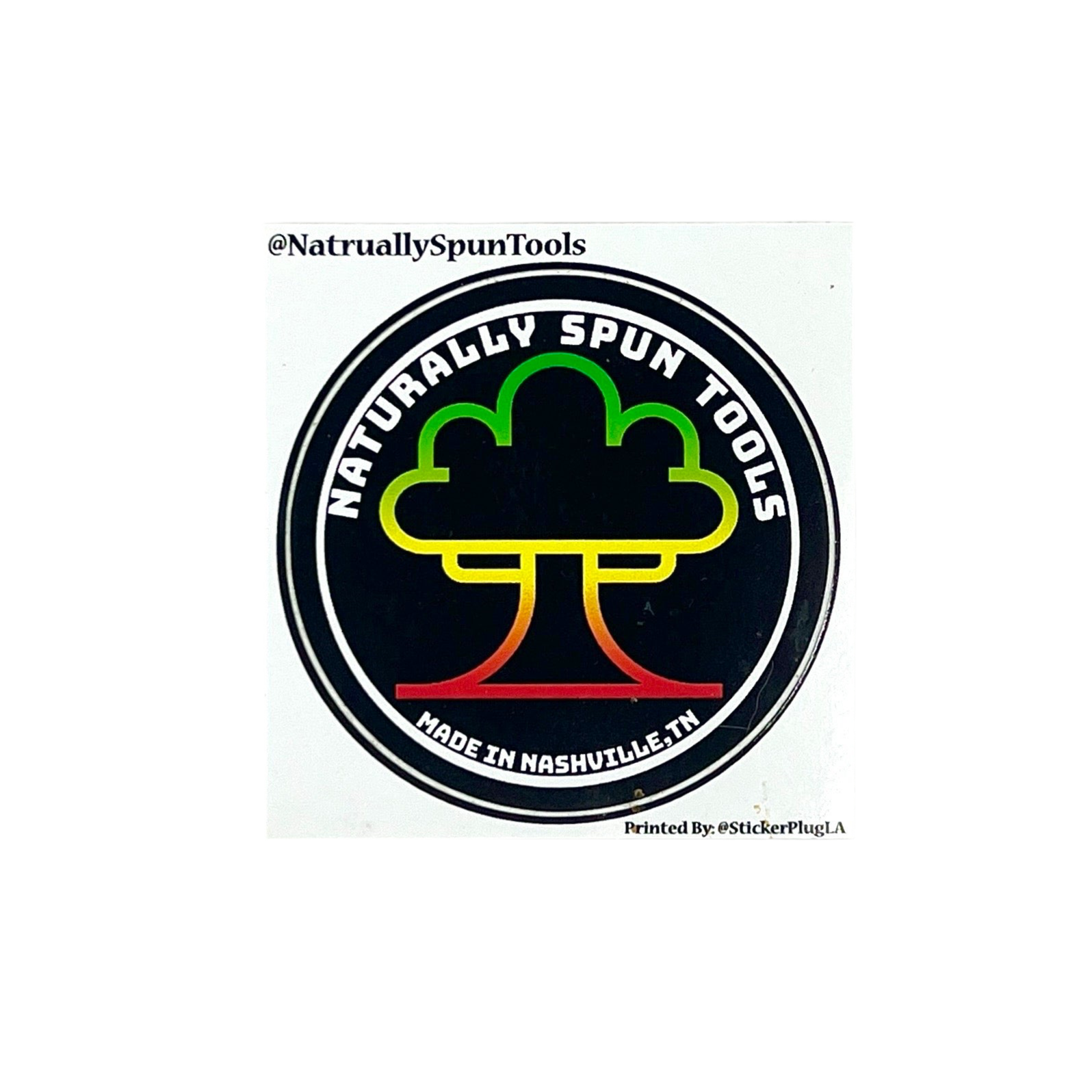 Sticker with 'Naturally Spun Tools' logo and text on a white background.