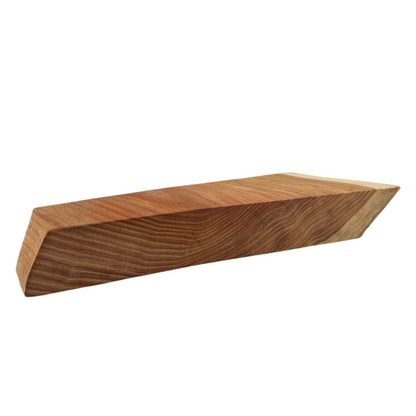 Wooden shelf with a wavy design on a white background.