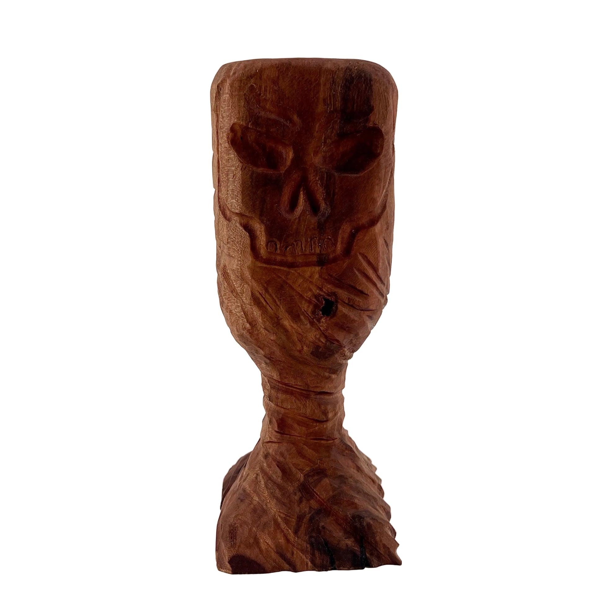 Wooden chalice with skull engraved.