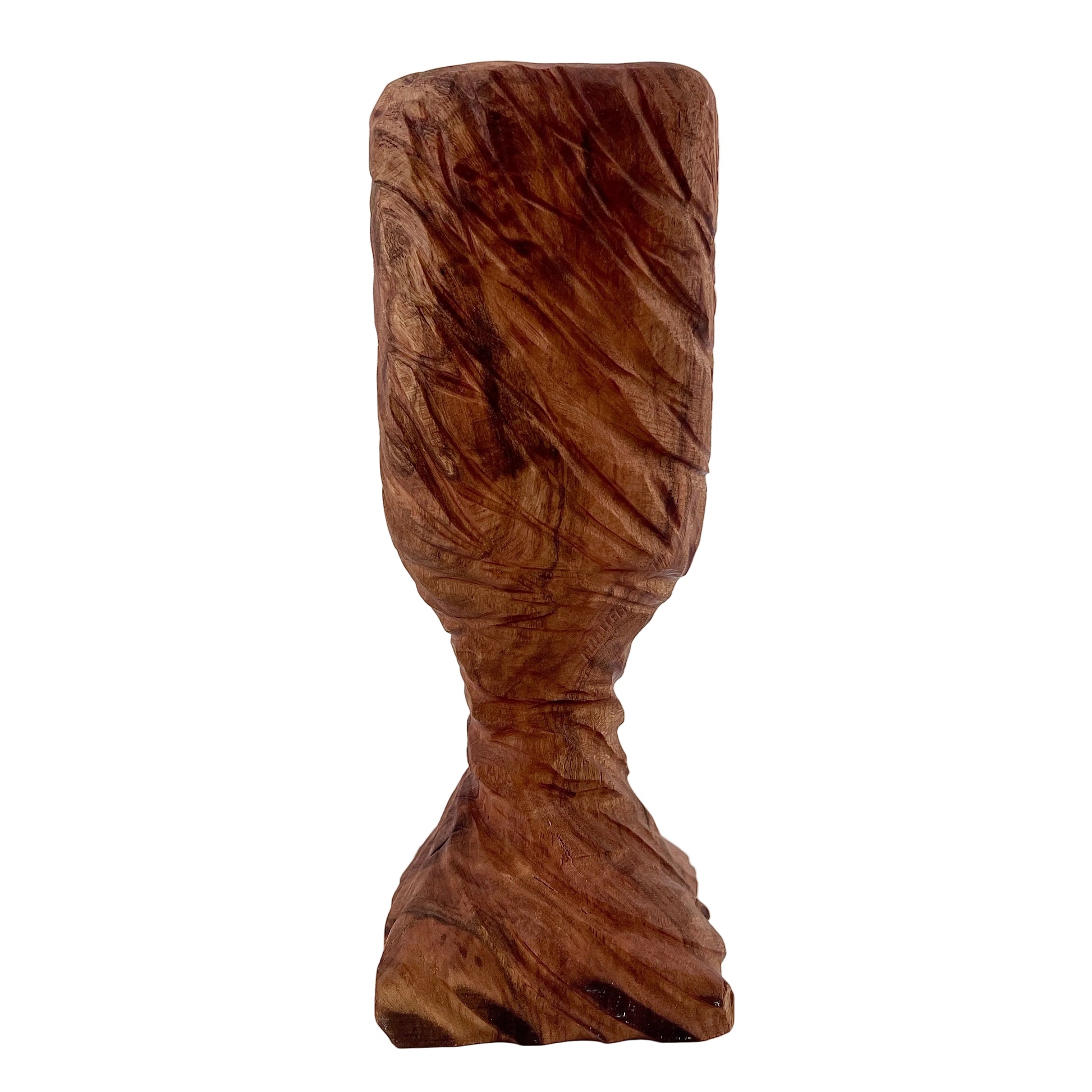 Wooden chalice with a twisted form on a white background.