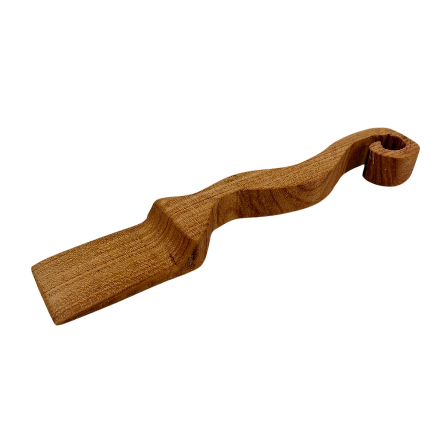 Wooden handle with wavy design on a white background.