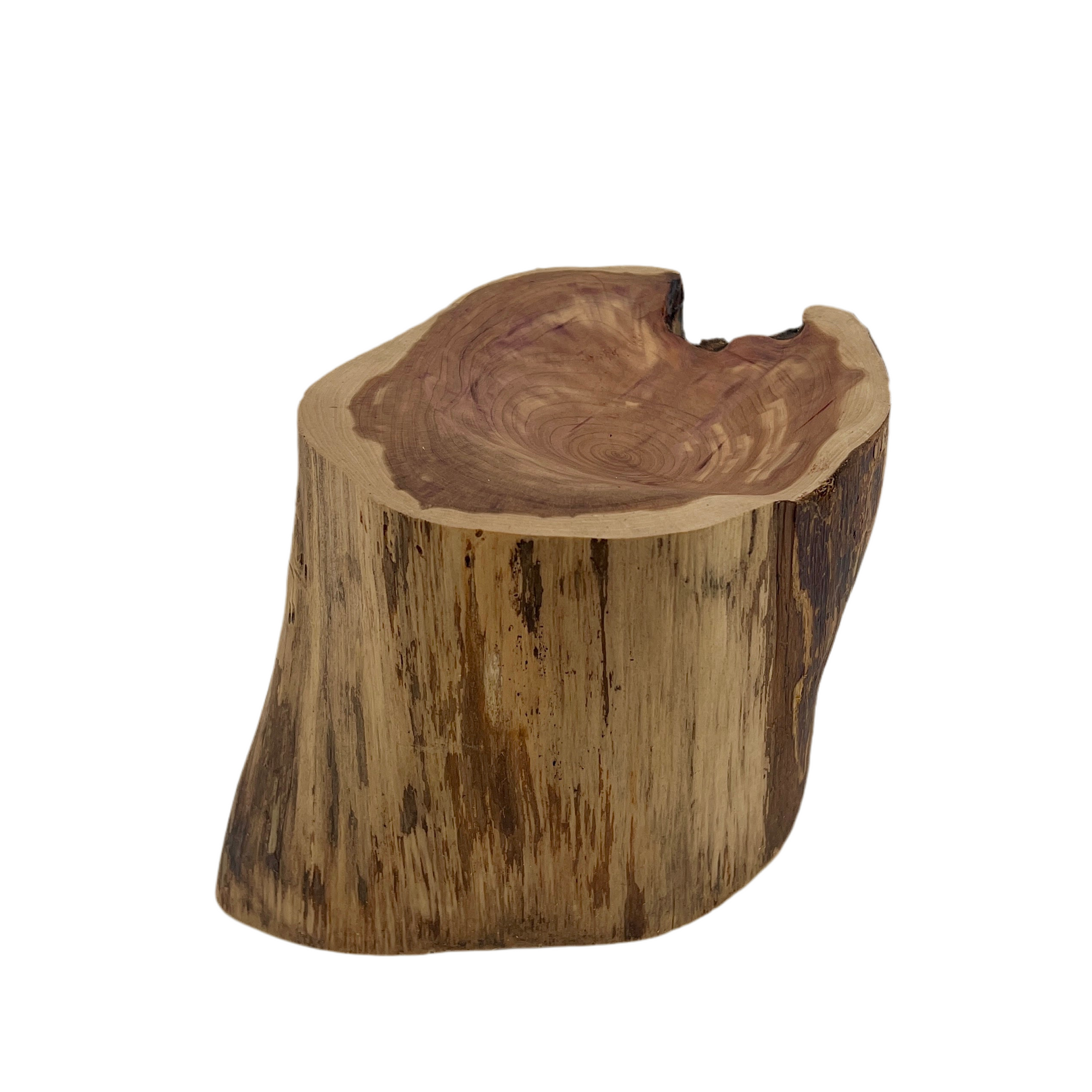 Wooden stool with a natural, rustic finish on a white background.