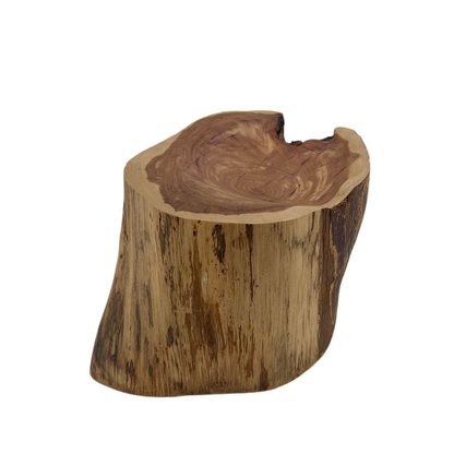 Wooden stool with a natural, rustic finish on a white background.