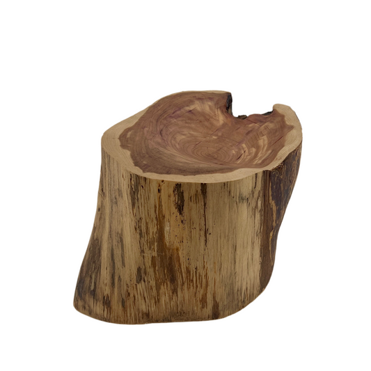 Wooden stool with a natural, rustic finish on a white background.
