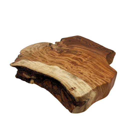 Wooden coaster with natural grain and edges on a white background.