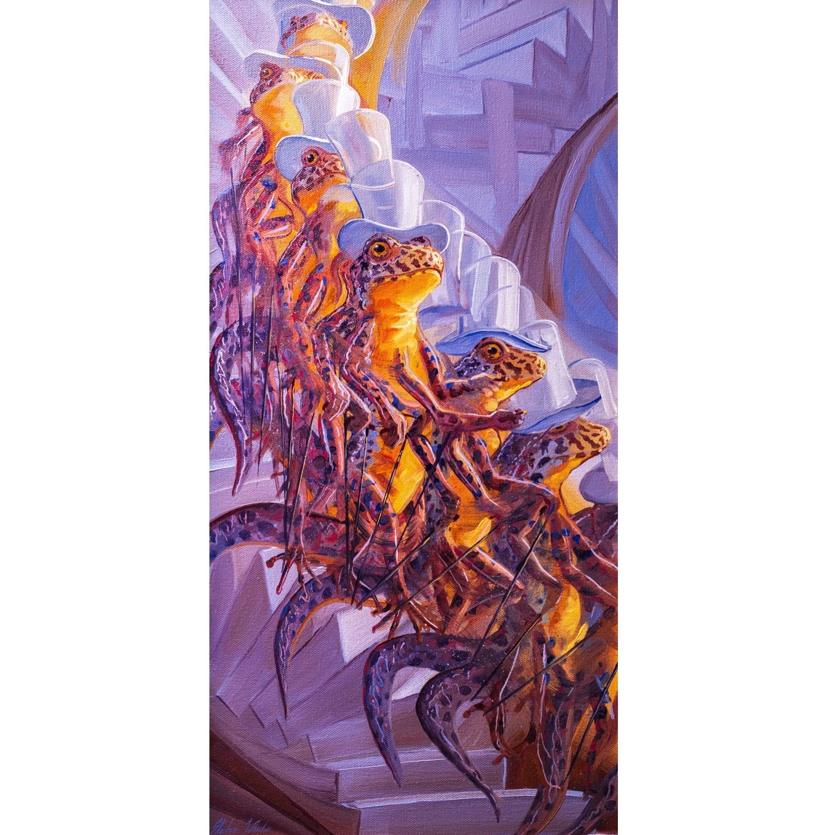 A colorful artwork print titled 'Newt Descending a Staircase No. 2' featuring an orange and yellow newt on a staircase.