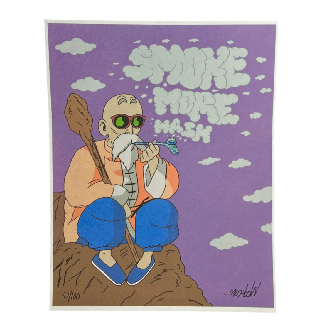 A colorful print of a character resembling a master or guru figure, with sunglasses and a pipe, against a purple background with clouds.