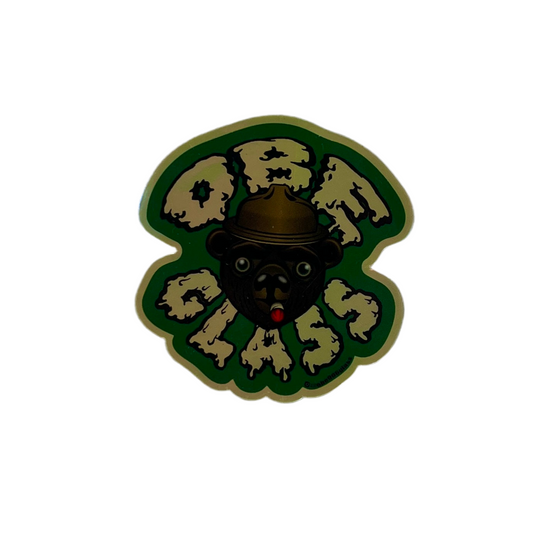 Sticker with a bear design and text on a white background.