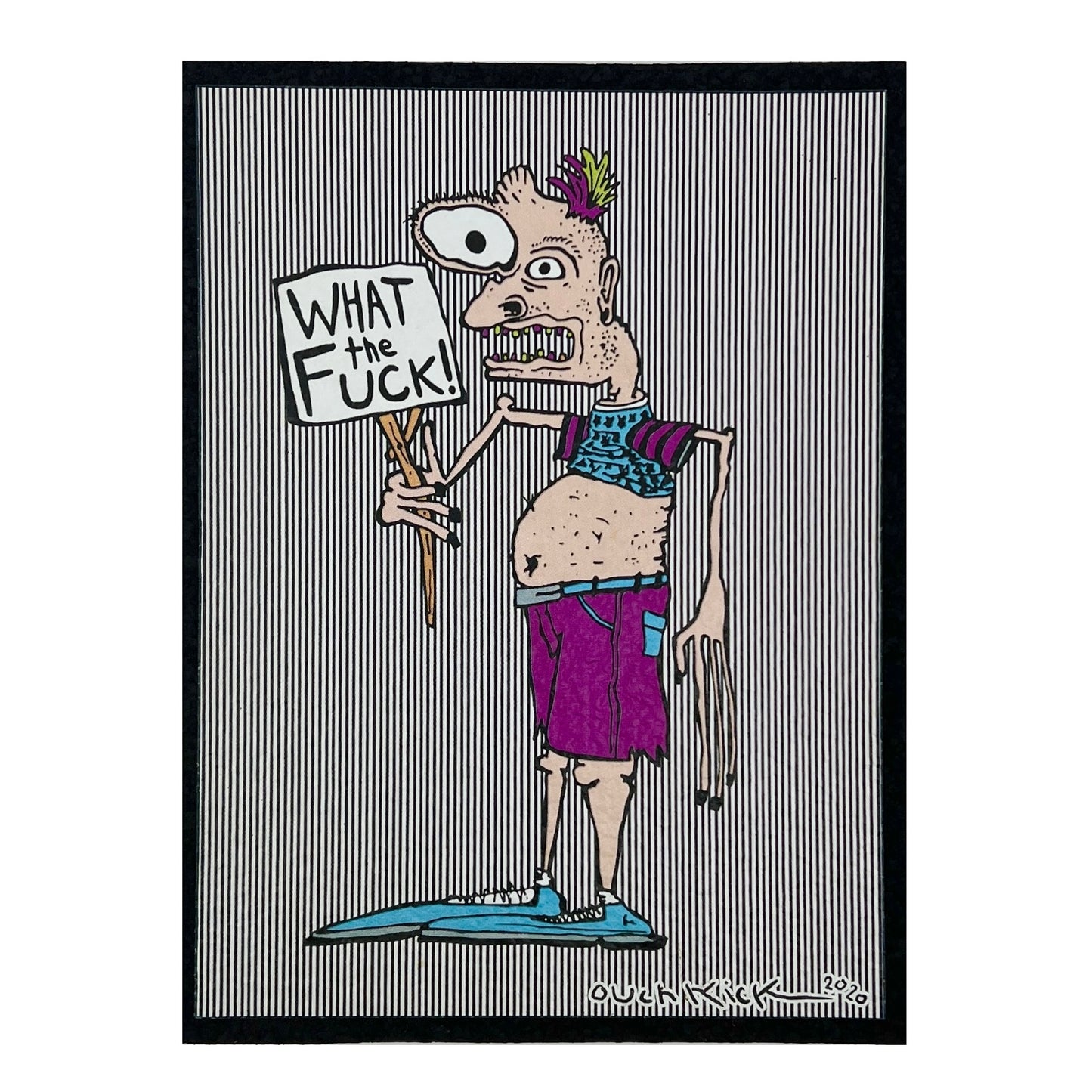 A cartoon character on a display mat holding a sign with the phrase 'What the Fuck!'