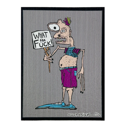 A cartoon character on a display mat holding a sign with the phrase 'What the Fuck!'