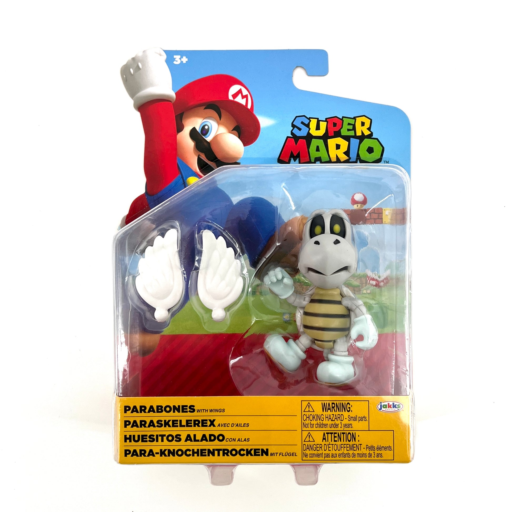 A four-inch action figure of Parabones from the Super Mario video games, featuring fourteen points of articulation and including wings accessory.