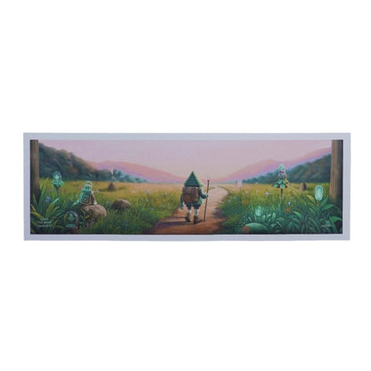 Framed artwork of a character walking through a scenic landscape with mountains and a rainbow.